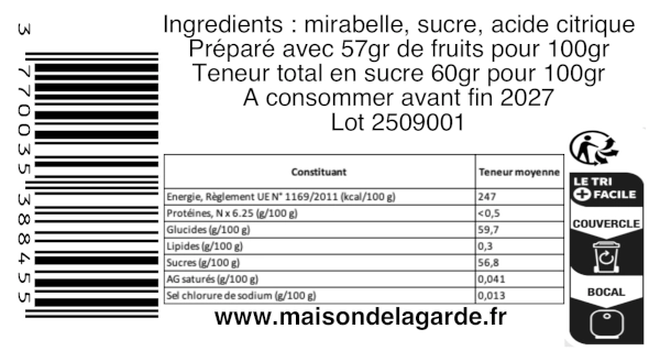 Composition de la confiture artisanale mirabelle
