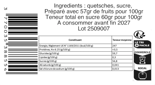 Composition de la confiture artisanale quetsche