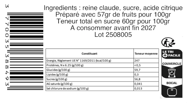 Composition de la confiture artisanale reine claude