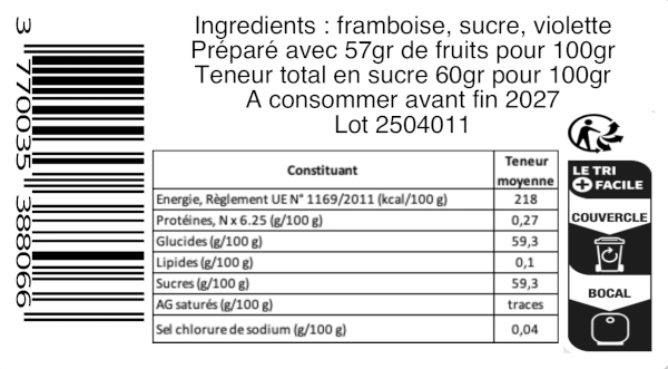 Composition de la confiture artisanale framboise violette